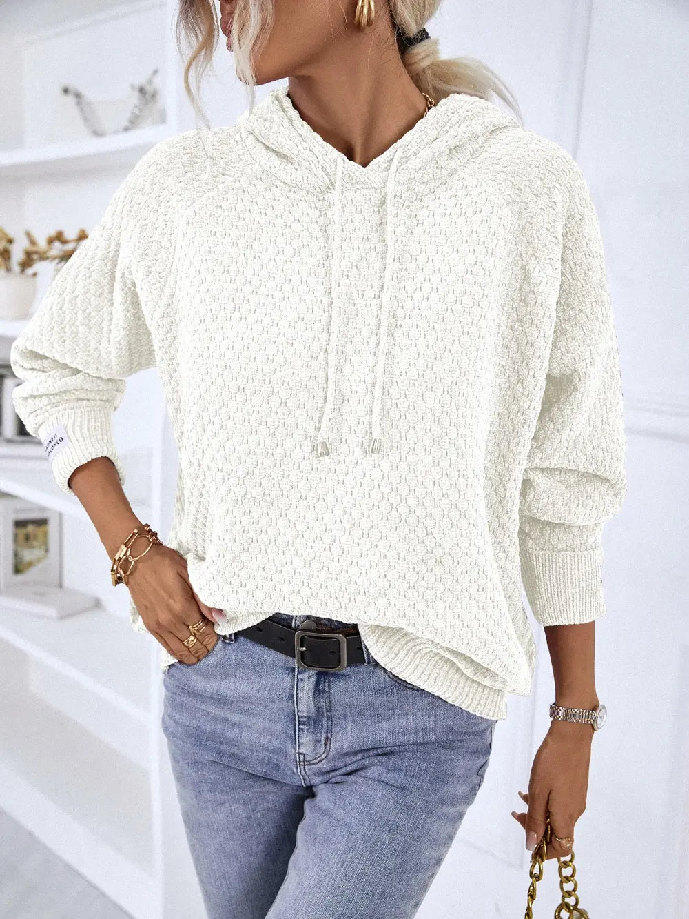Texture Drawstring Long Sleeve Hooded Sweater White Easy Apparels