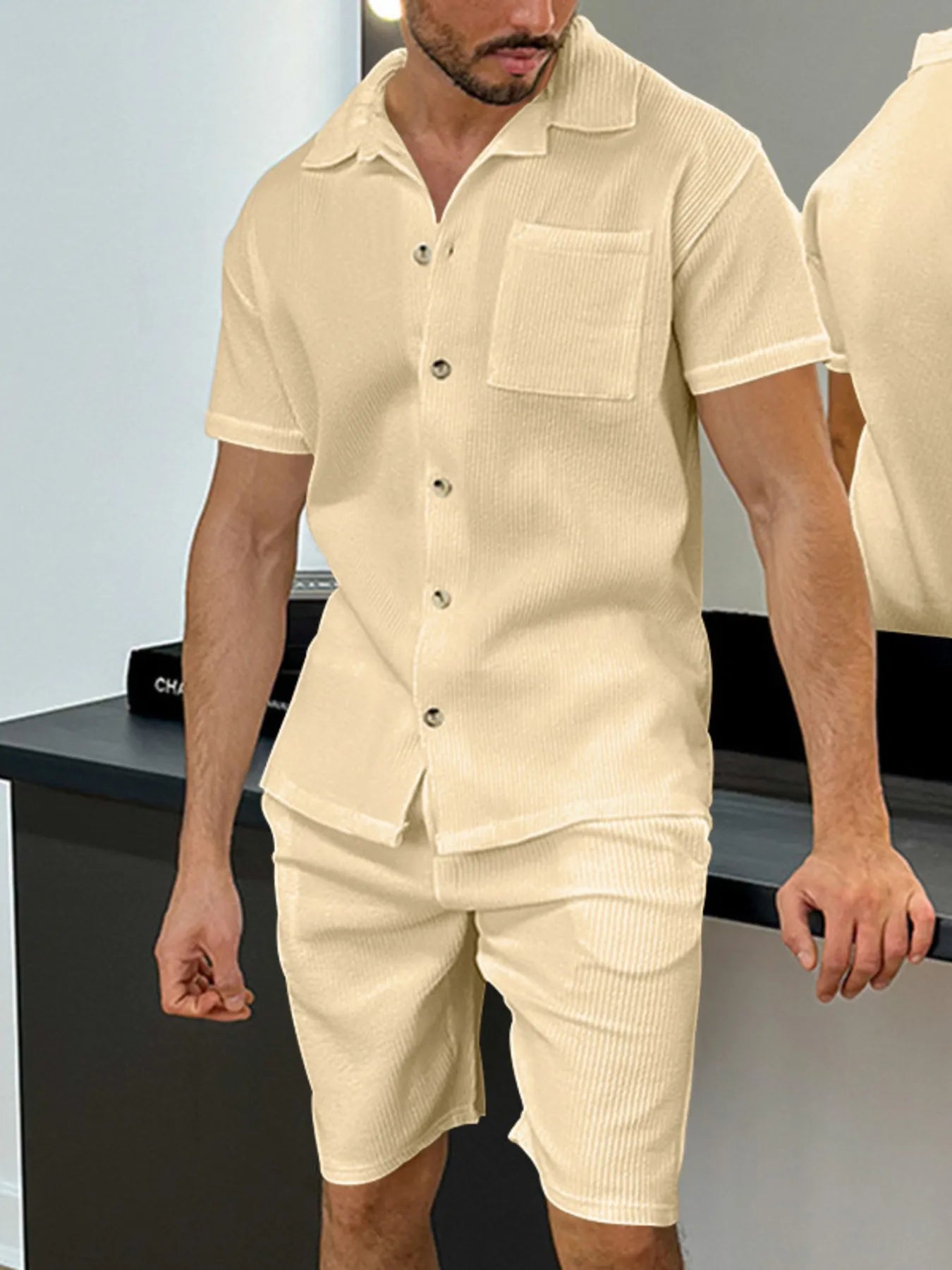 Men's Full Size Button Up Top and Shorts Set Plus Size Khaki Easy Apparels