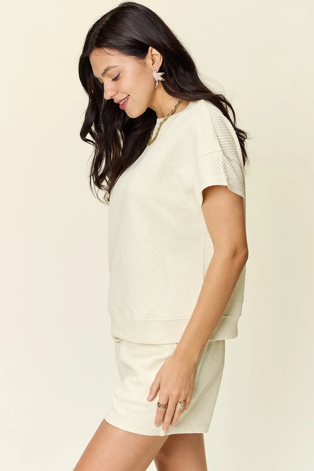 Double Take Full Size Texture Short Sleeve T-Shirt and Drawstring Shorts Set Easy Apparels