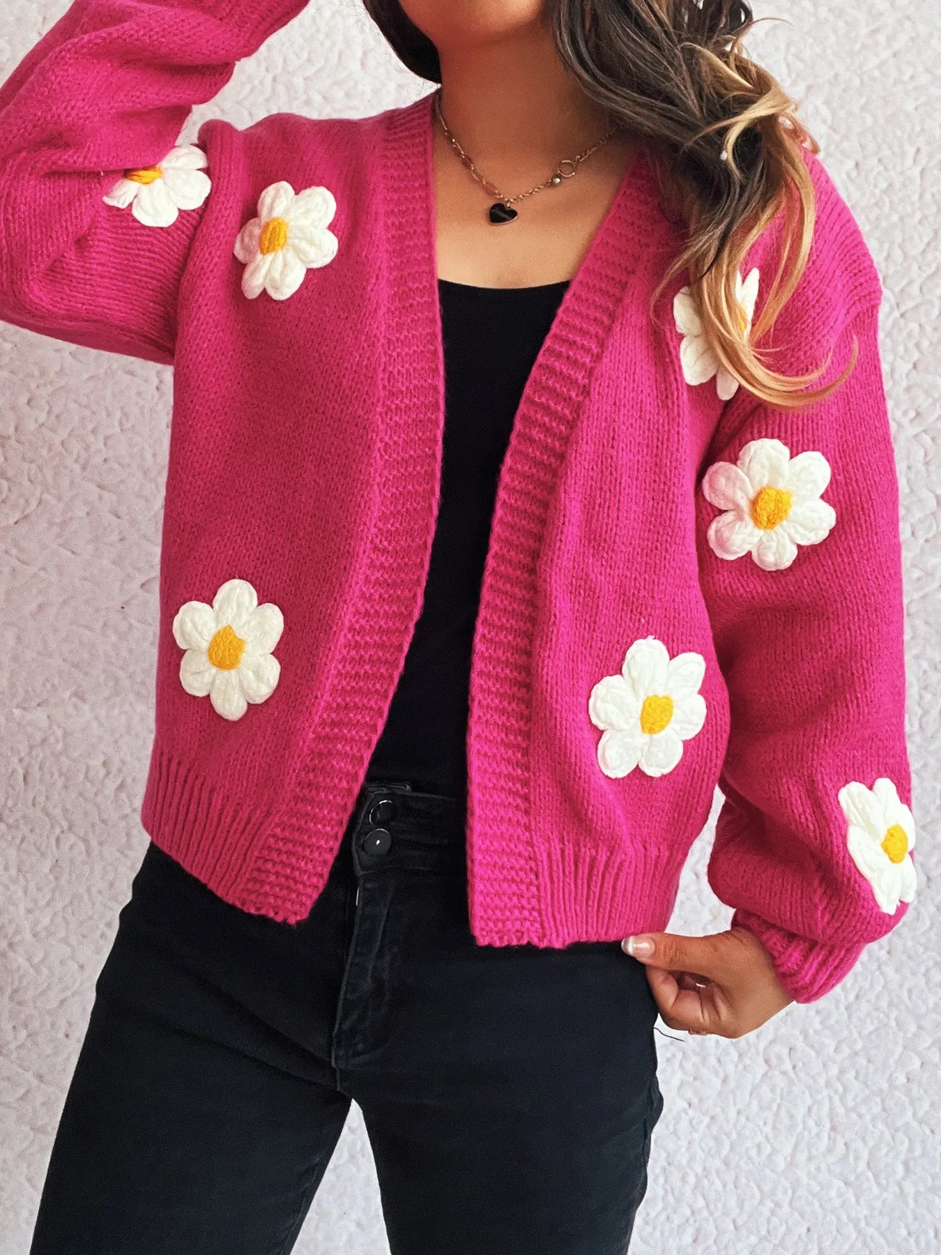 Flower Open Front Long Sleeve Cardigan Easy Apparels