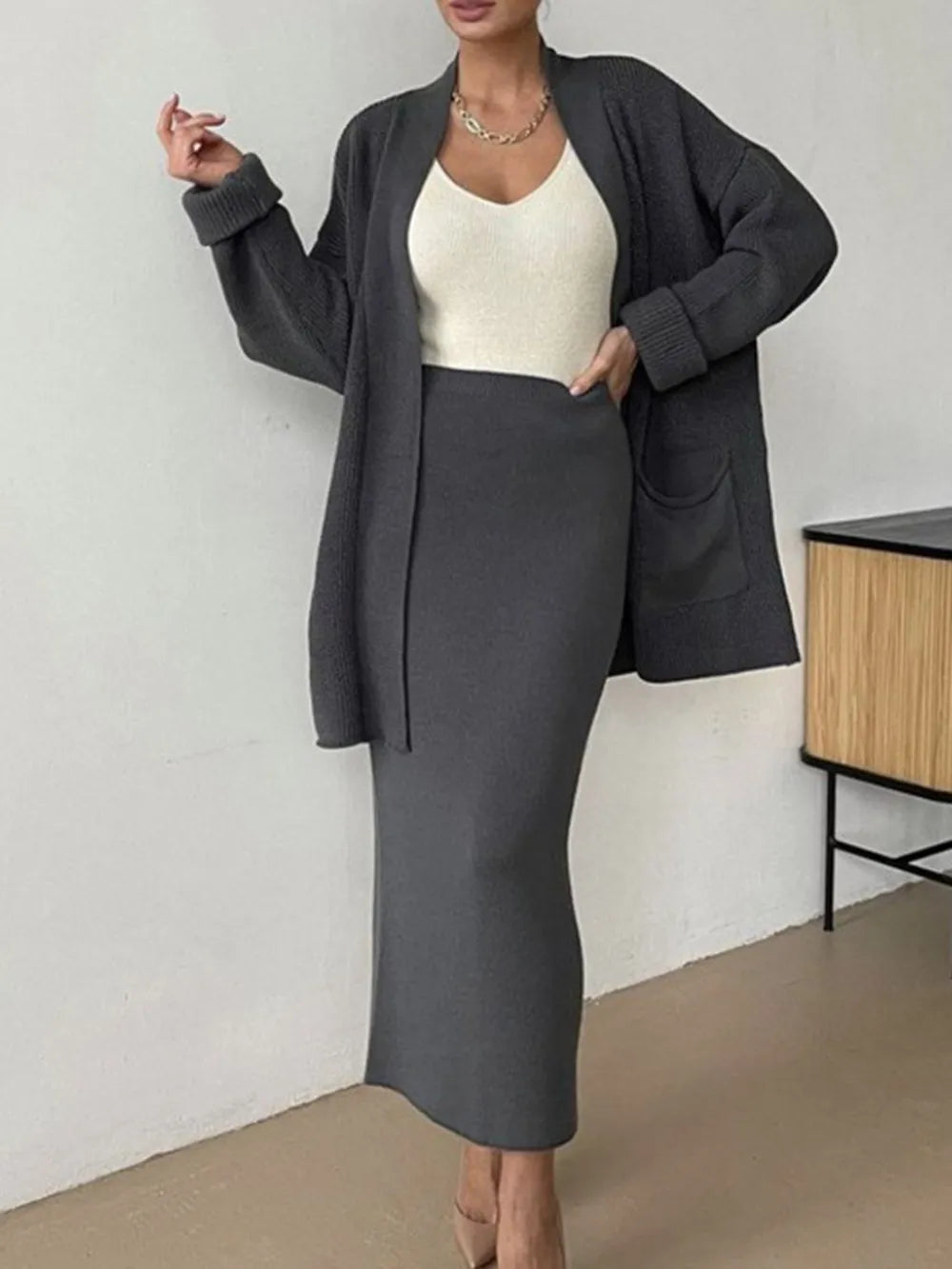 Pocketed Long Sleeve Cardigan and Skirt Sweater Set Easy Apparels