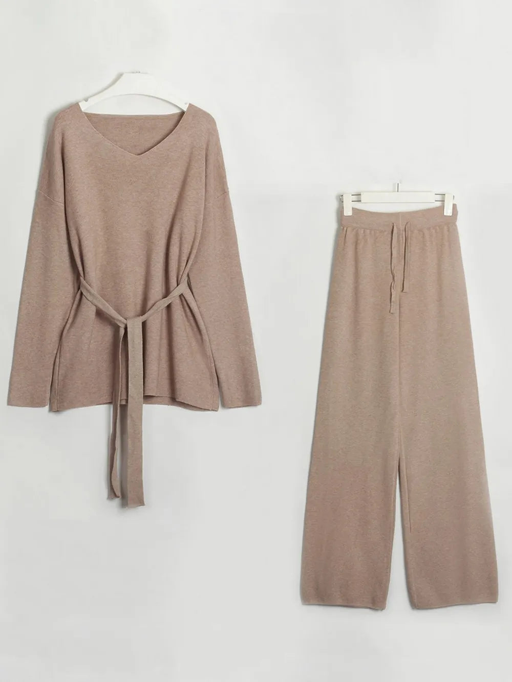 V-Neck Long Sleeve Top and Drawstring Pants Sweater Set Camel One Size Easy Apparels