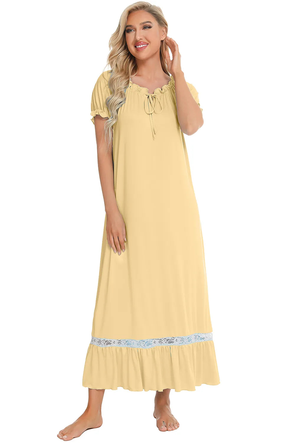 Lace Detail Short Sleeve Lounge Dress Easy Apparels