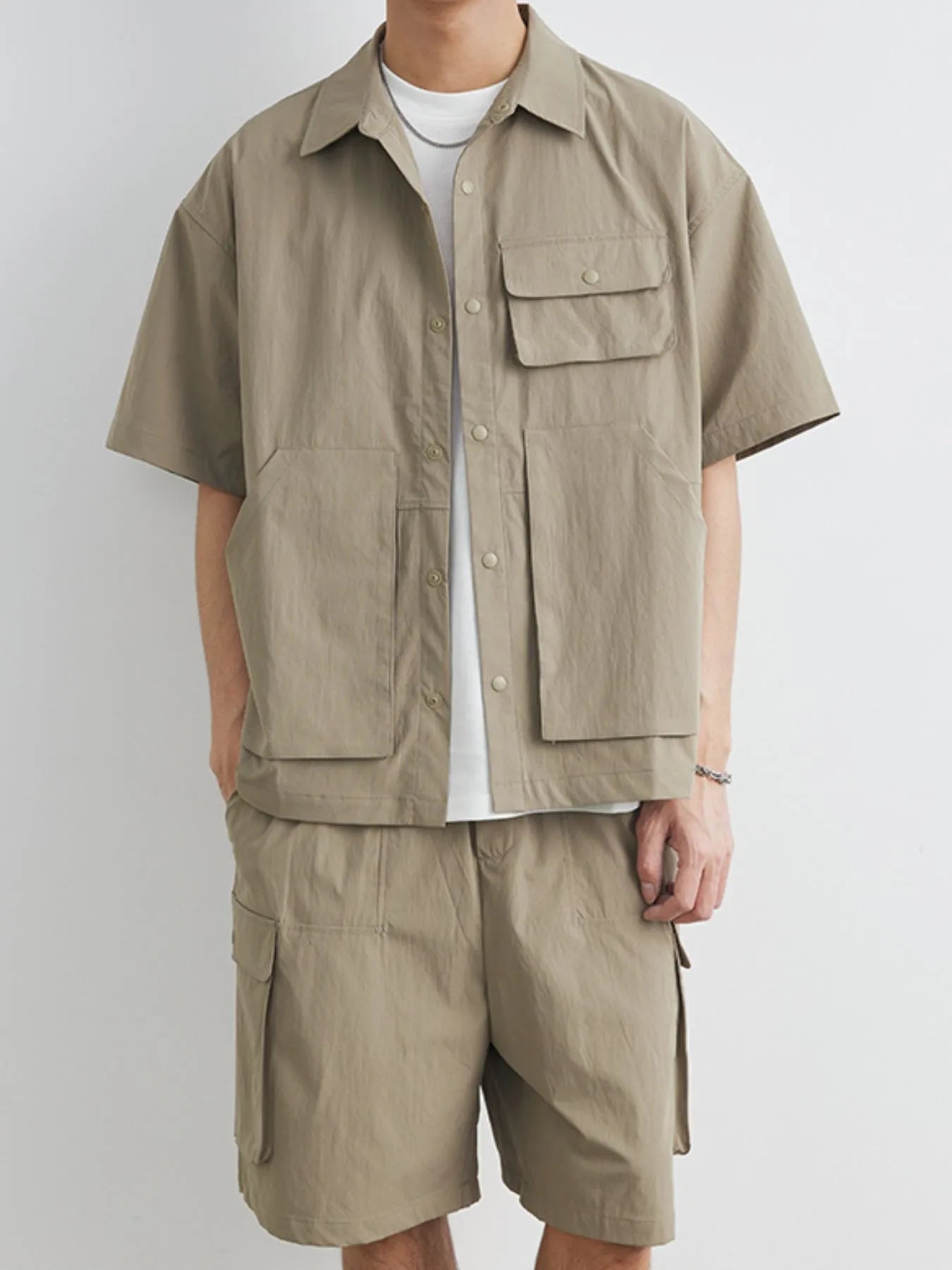 Men's Plus Size Button Up Short Sleeve Shirt and Shorts Set Khaki Easy Apparels
