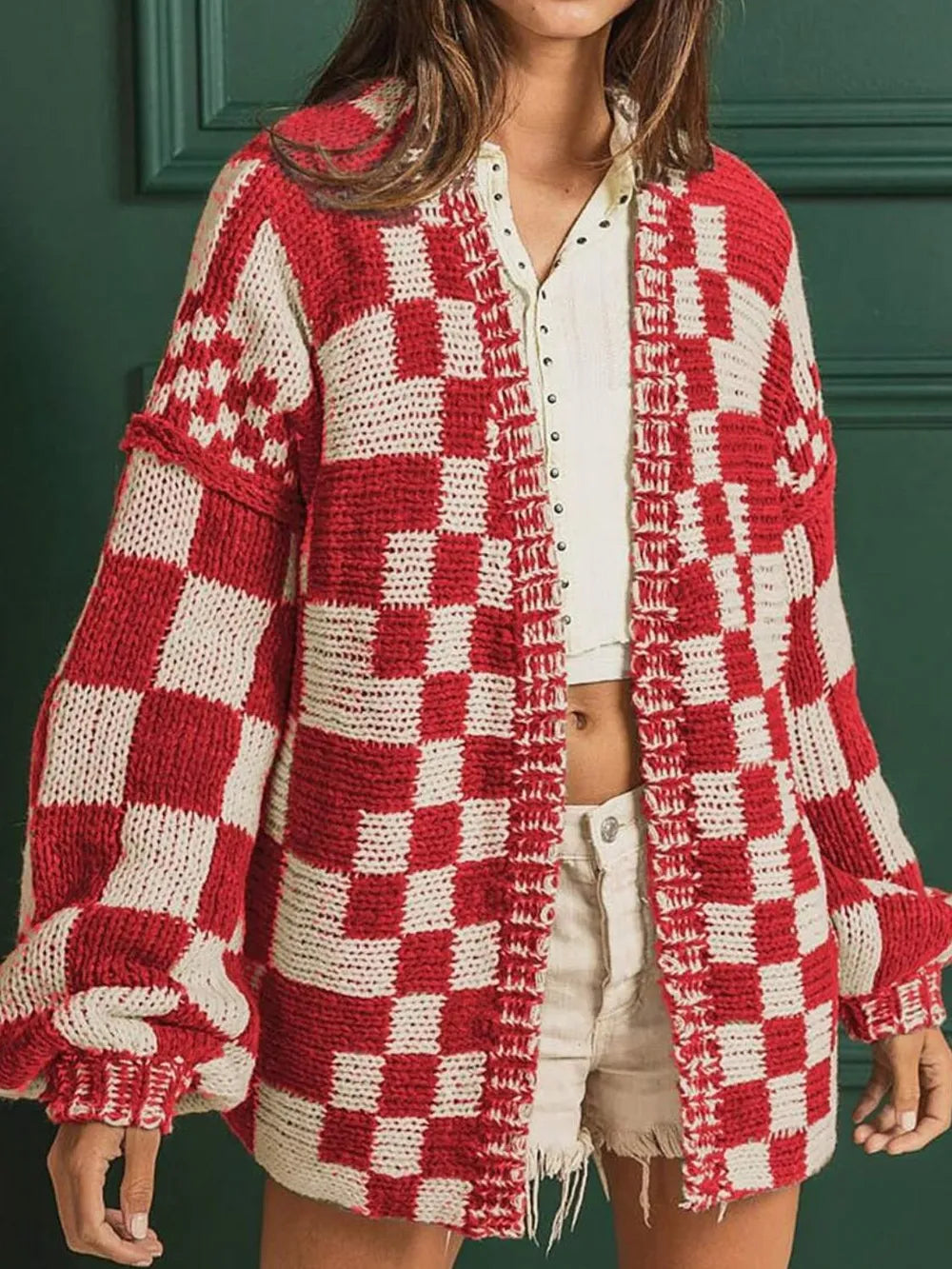 Checkered Open Front Long Sleeve Cardigan Deep Red Easy Apparels