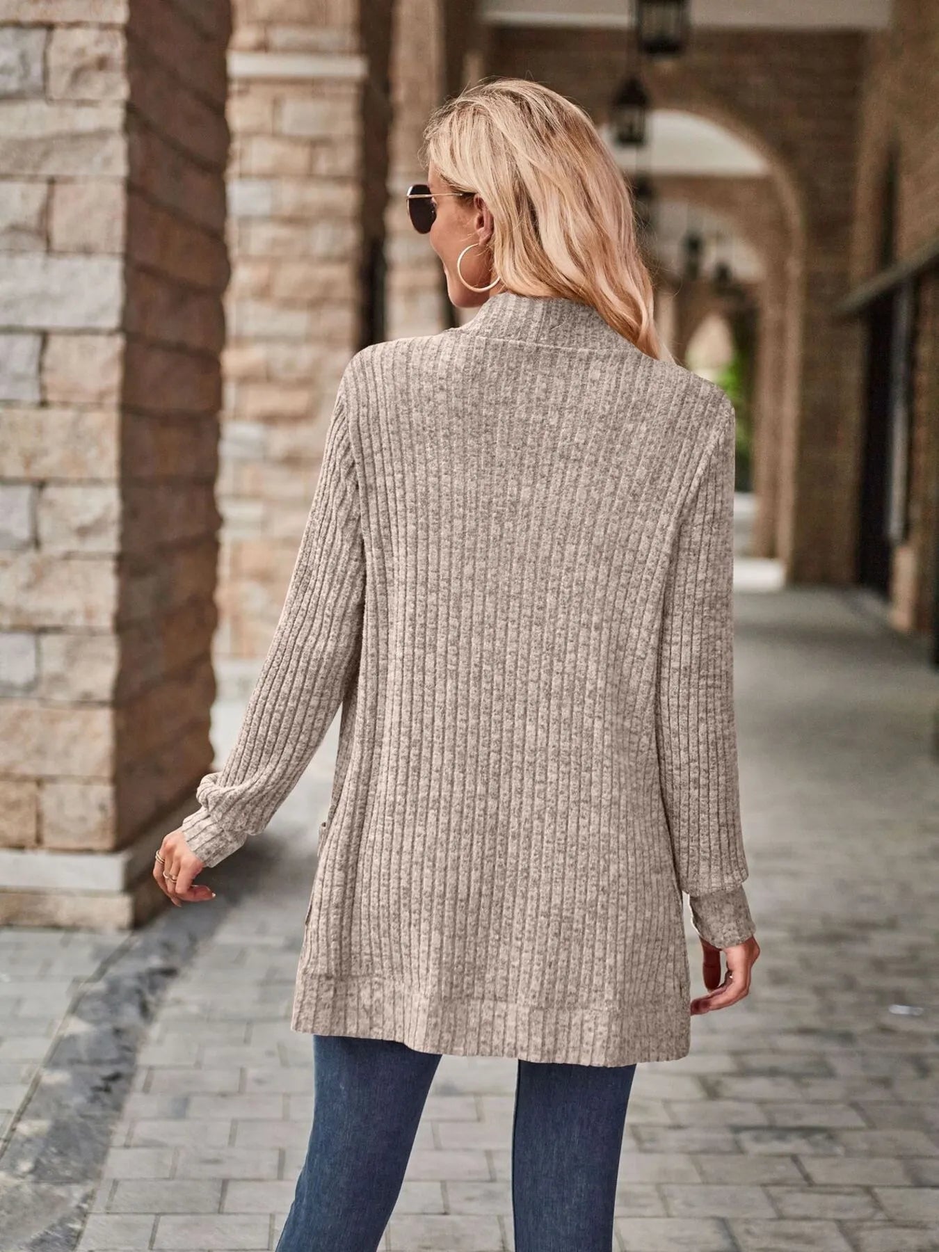 Ribbed Open Front Long Cardigan with Pockets Easy Apparels