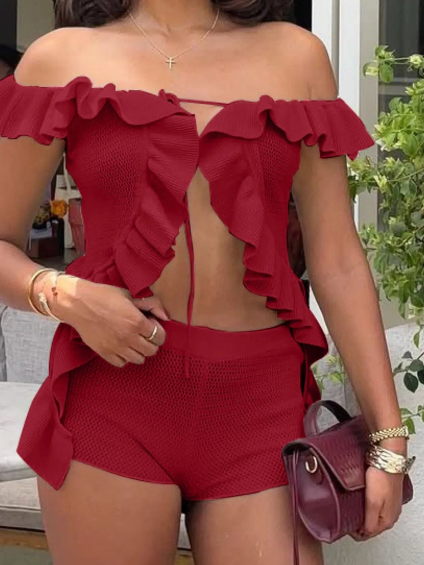 Off-Shoulder Ruffle Top and Shorts Sweater Set Easy Apparels