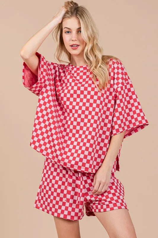Ces Femme Checkered Round Neck Top and Shorts Set Red Easy Apparels