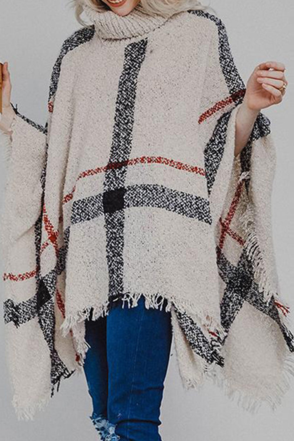 Plaid Turtleneck Raw Hem Poncho Easy Apparels