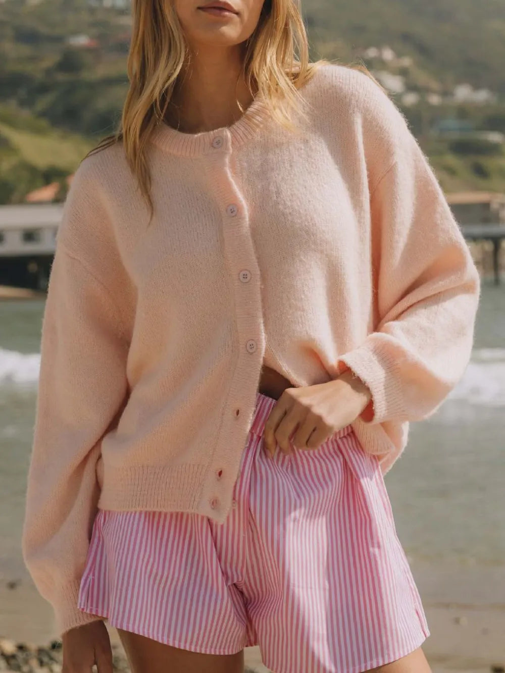 Button Down Long Sleeve Cardigan Watermelon pink Easy Apparels
