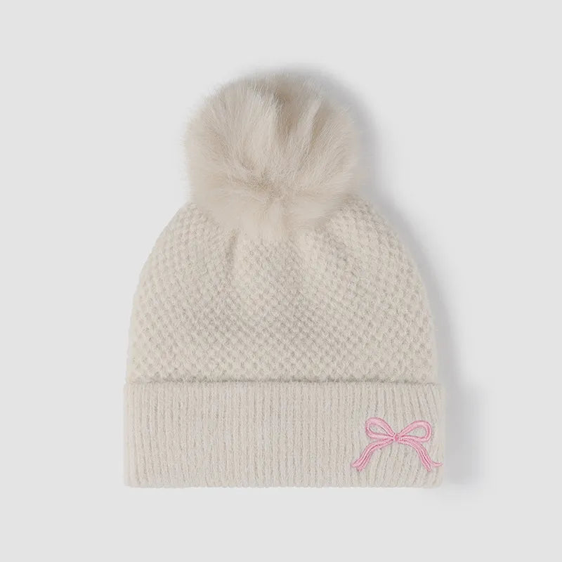 Thermal Bow Knit Hat with Pompom Beige One Size Easy Apparels