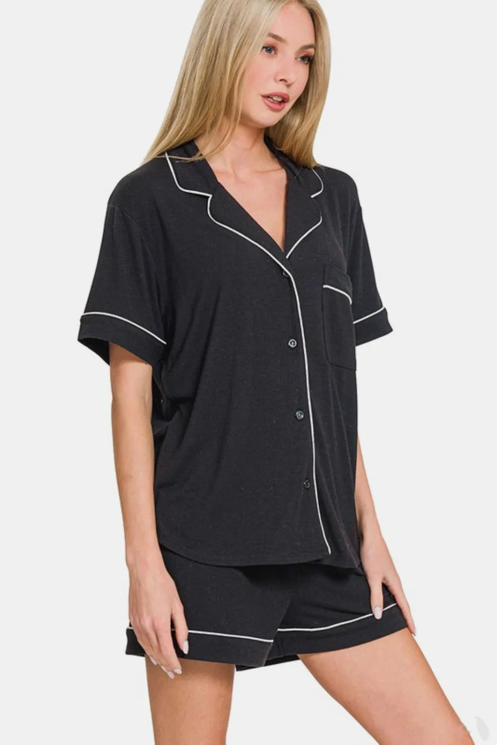 Zenana Button Down Short Sleeve Top and Shorts Lounge Set Easy Apparels