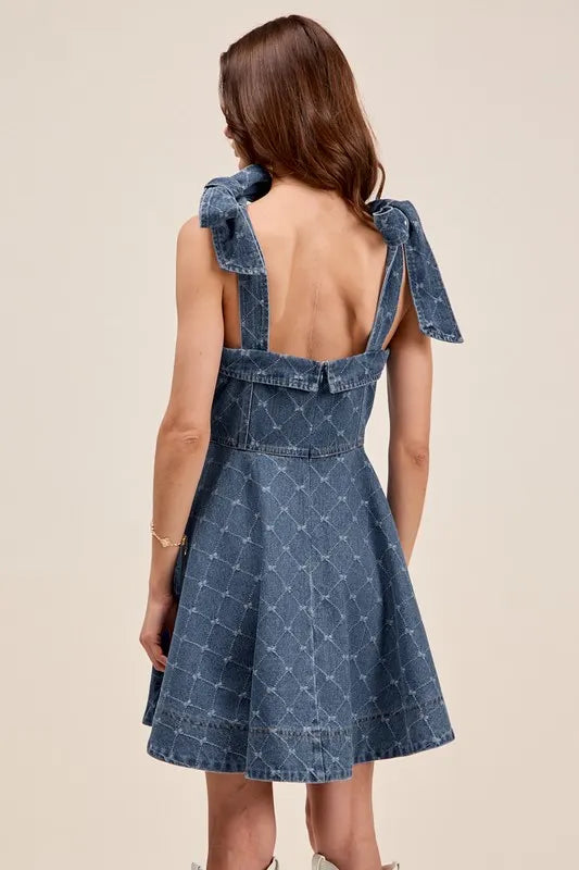 SO ME A Line Fit and Flare Diamond Bow Ribbon Denim Dres Easy Apparels