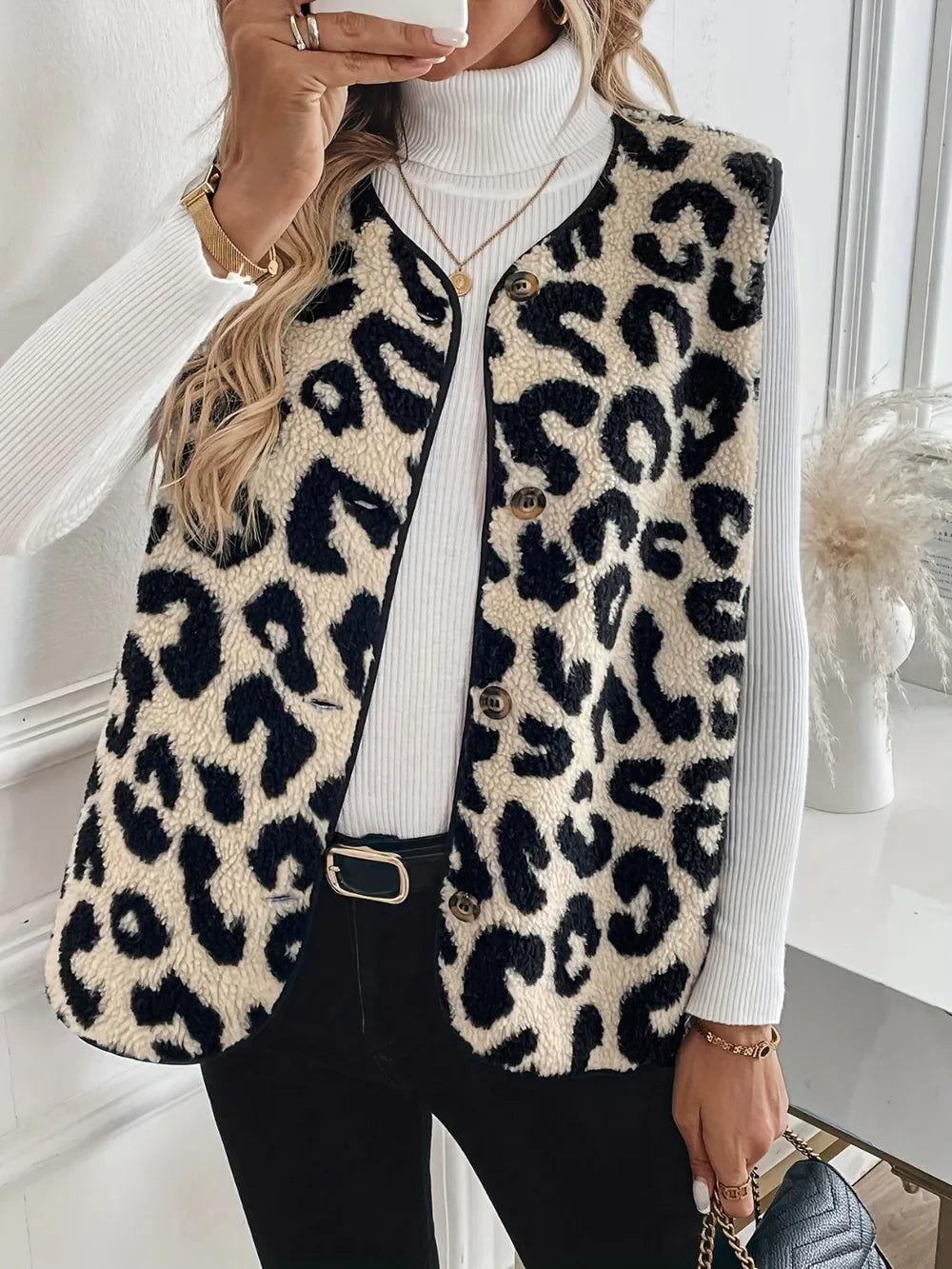 Leopard Button Up Sherpa Vest Dust Storm Easy Apparels