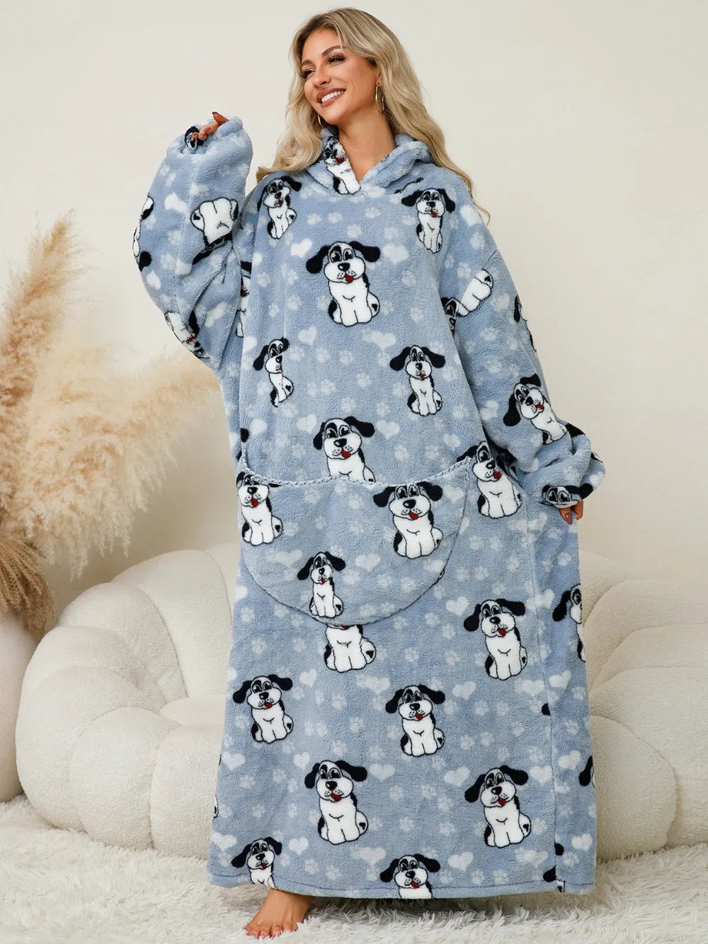 Fuzzy Pocketed Long Sleeve Hooded Lounge Dress Easy Apparels
