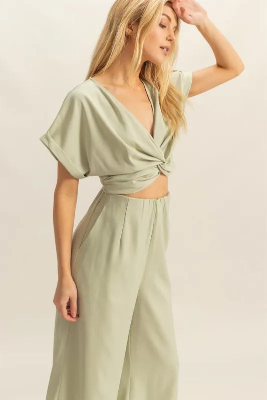 HYFVE Twisted Front Short Sleeve Top and Wide Leg Pants Set Easy Apparels