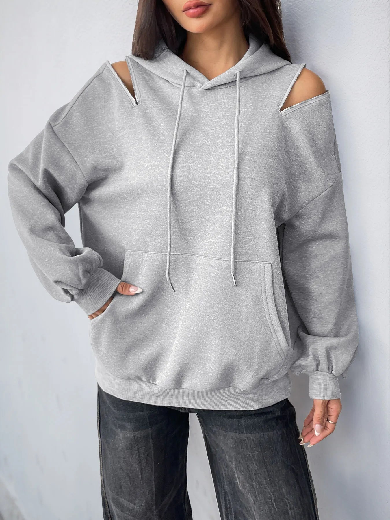 Trendsi Drawstring Zip Detail Cold Shoulder Hoodie Light Gray