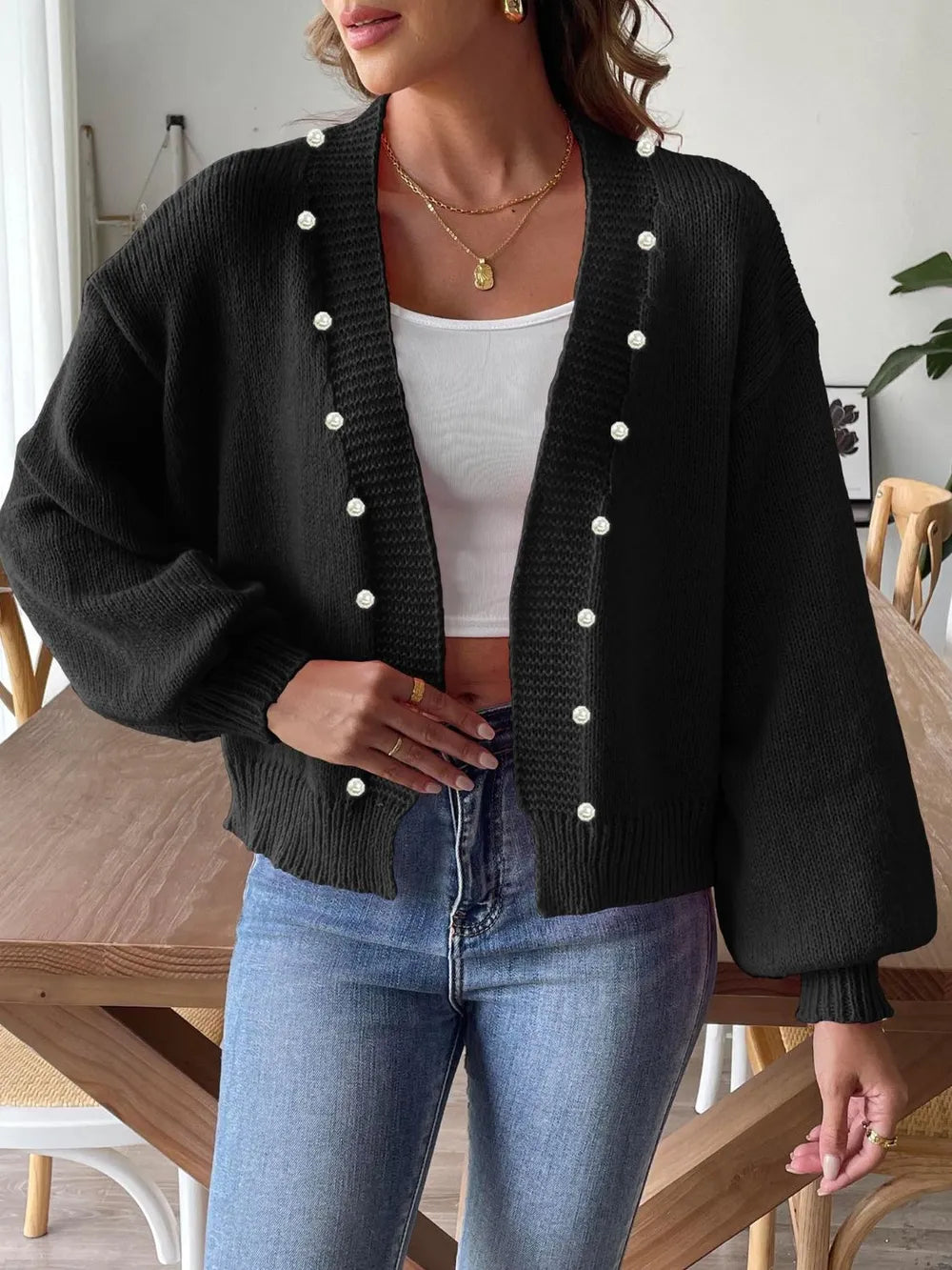 Pearl Open Front Long Sleeve Cardigan Easy Apparels