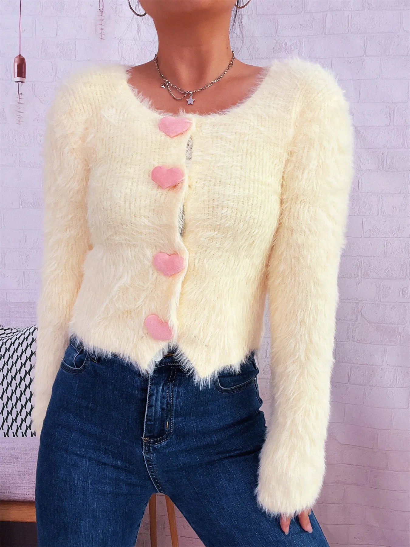 Fuzzy Heart Shape Button-Up Cardigan Easy Apparels