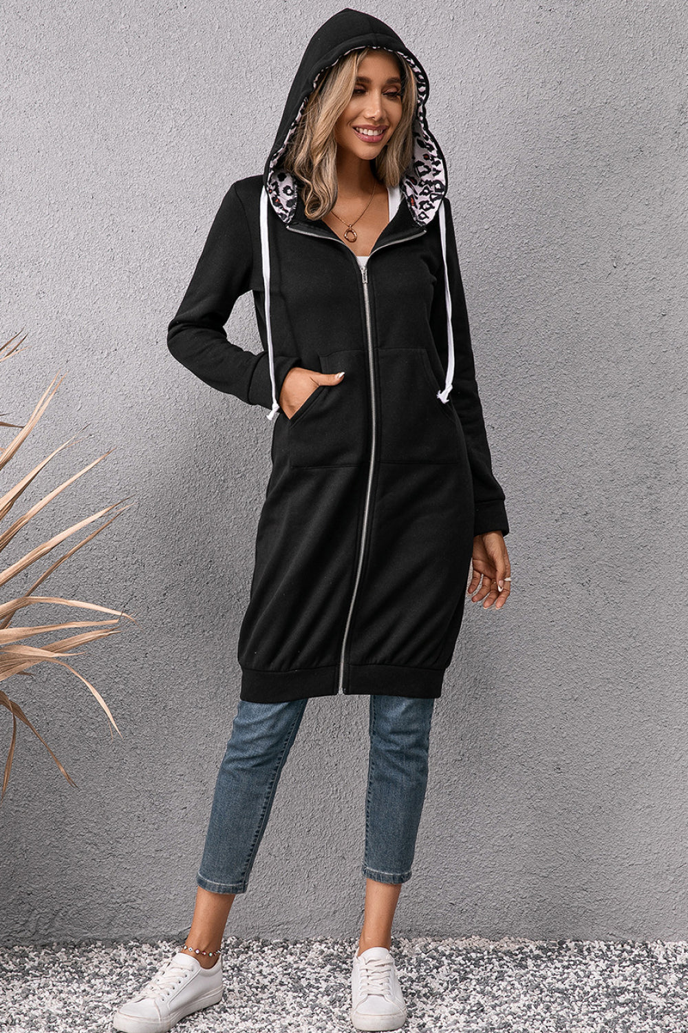 Ivy Lane Leopard Spliced Drawstring Zip Up Hoodie Dress Easy Apparels