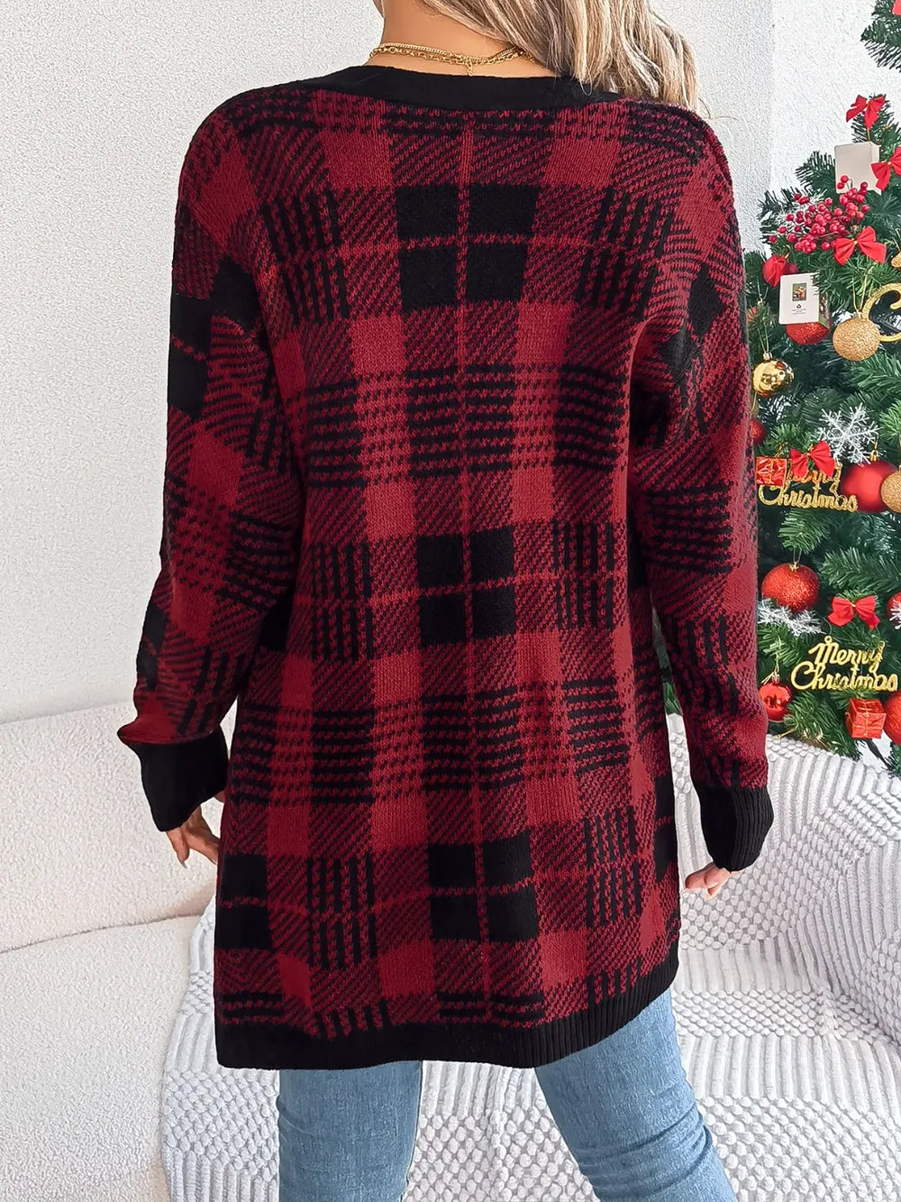 Plaid Open Front Long Sleeve Cardigan Easy Apparels