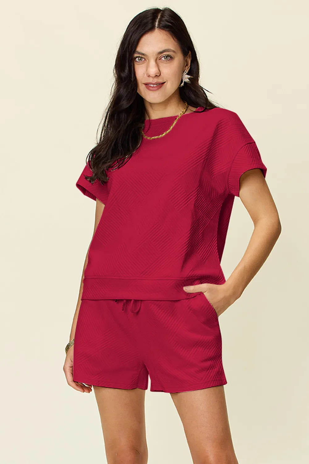 Double Take Full Size Texture Short Sleeve T-Shirt and Drawstring Shorts Set Deep Red Easy Apparels
