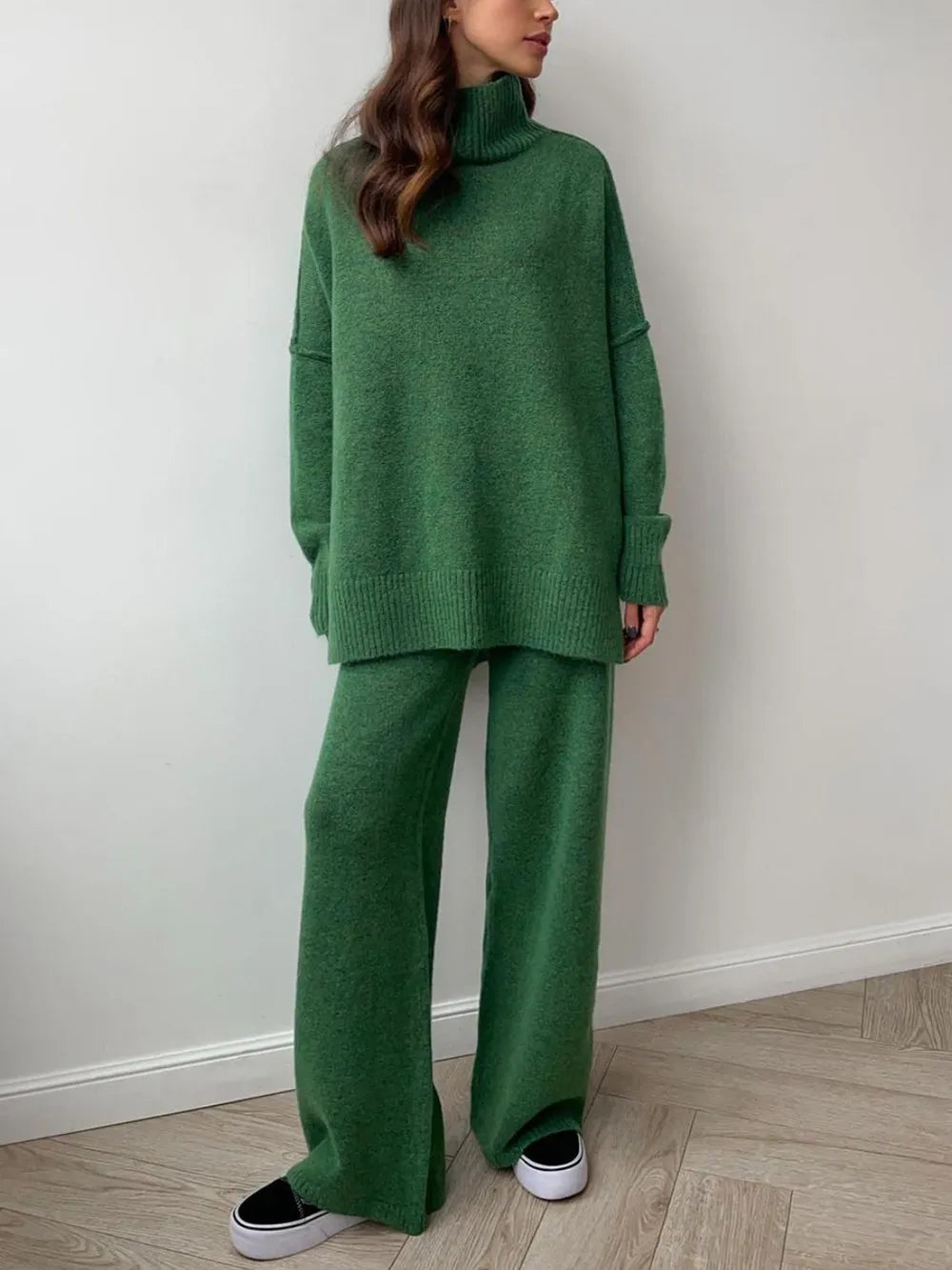 Slit Turtleneck Long Sleeve Top and Pants Sweater Set Easy Apparels