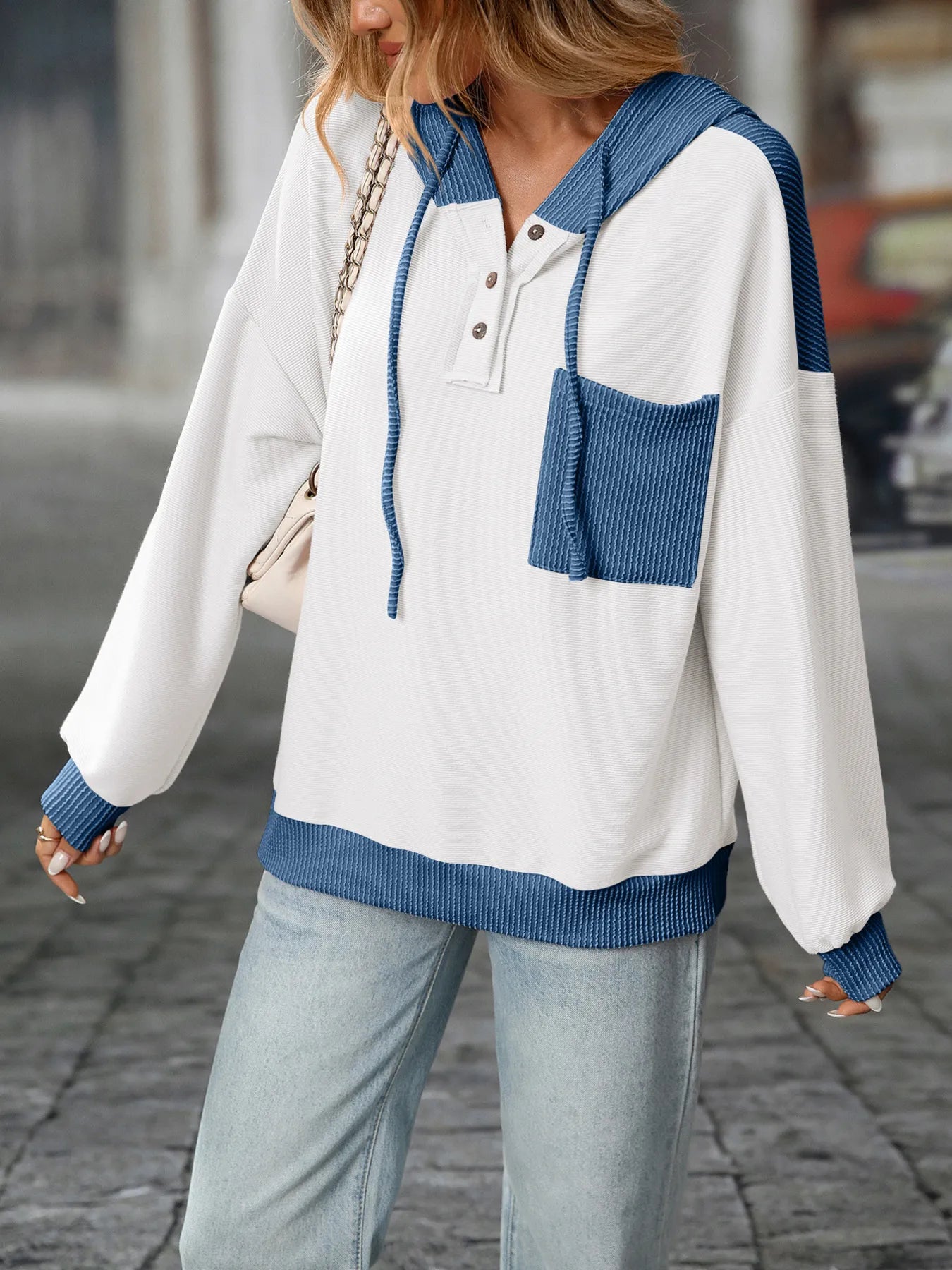 Trendsi Drawstring Button Detail Long Sleeve Hoodie