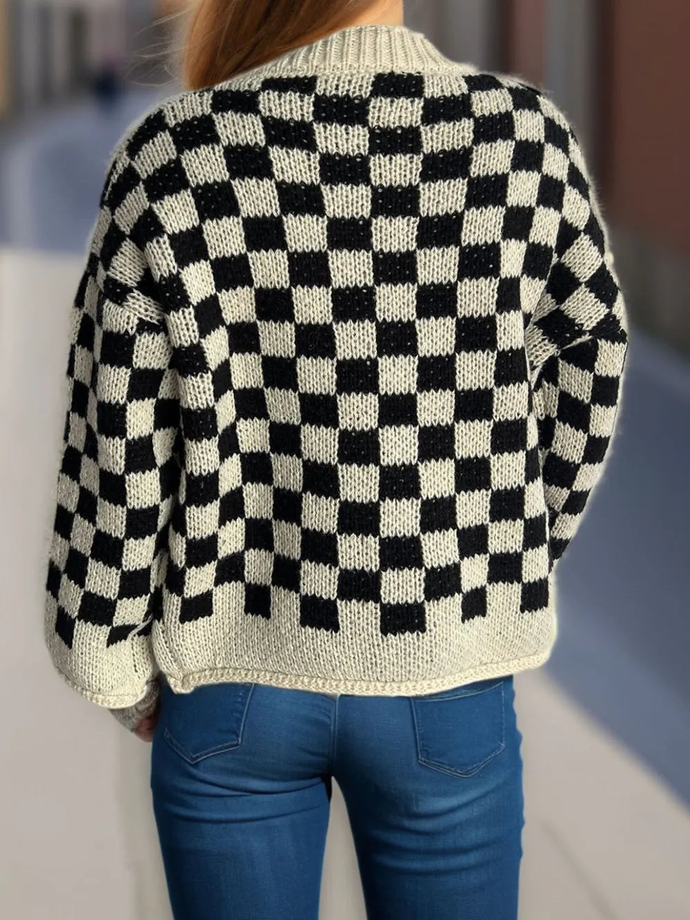 Checkered Button Up Round Neck Cardigan Easy Apparels