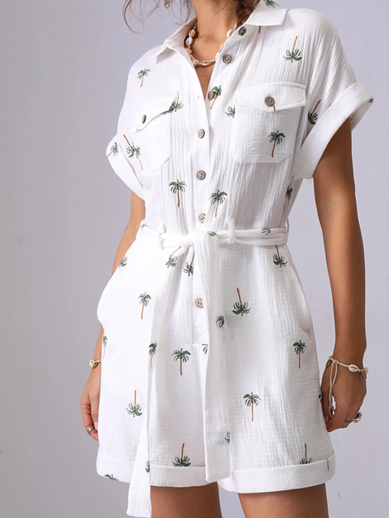 Palm Tree Print Short Sleeve Button-Up Romper with Belt Easy Apparels