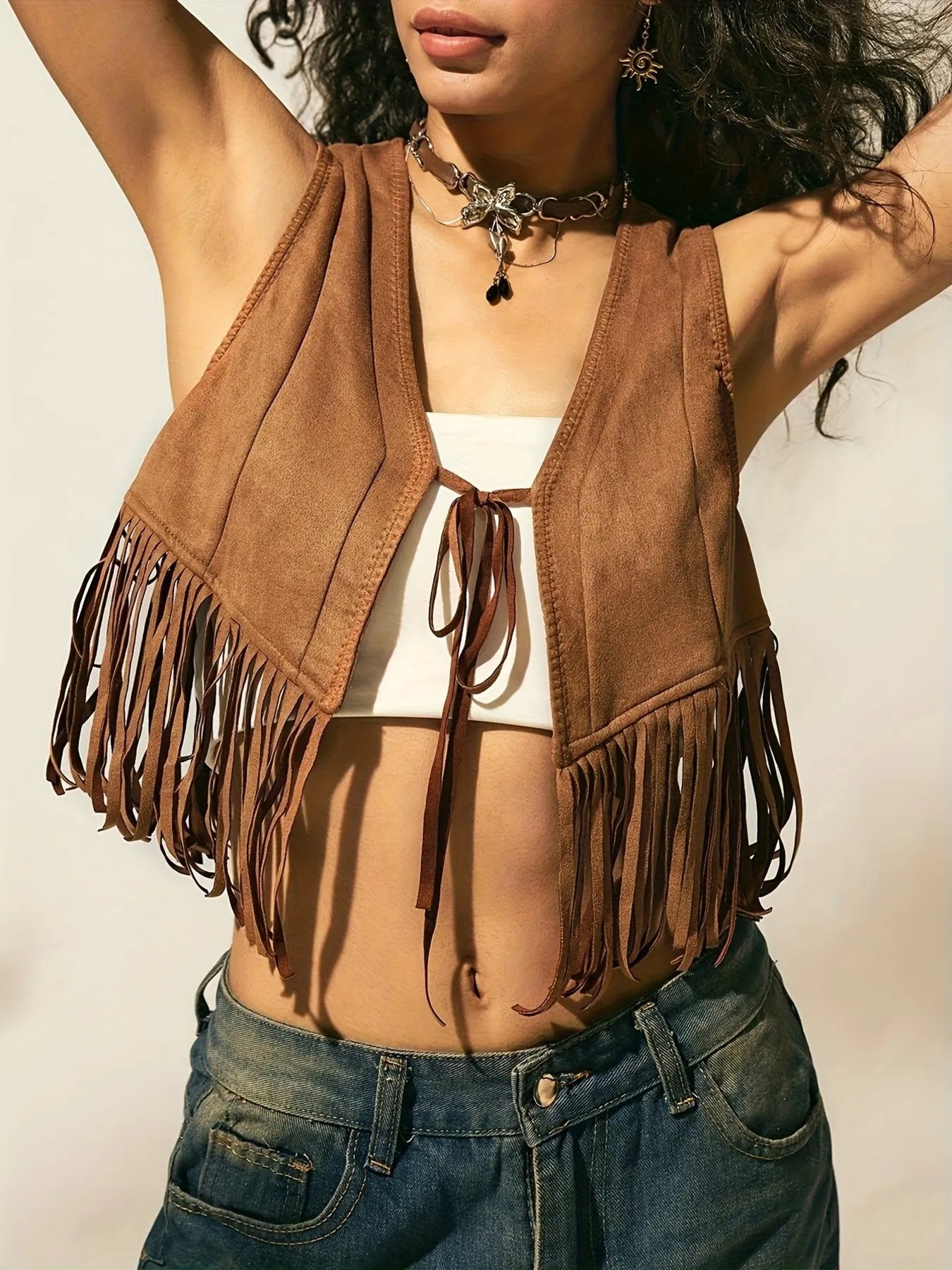 Fringe Vest Coat with Tie Front Easy Apparels