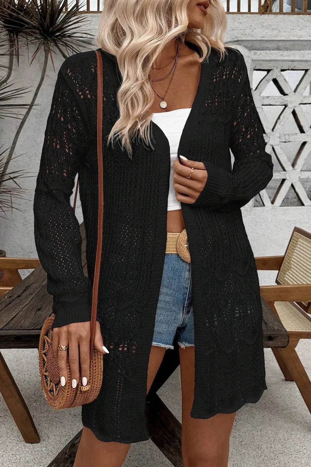 Openwork Open Front Long Sleeve Cardigan Easy Apparels