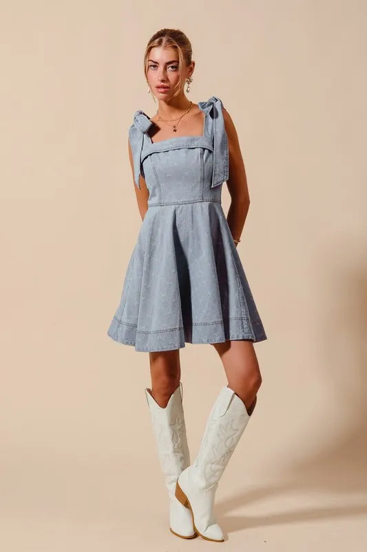 SO ME A Line Fit and Flare Diamond Bow Ribbon Denim Dres Easy Apparels