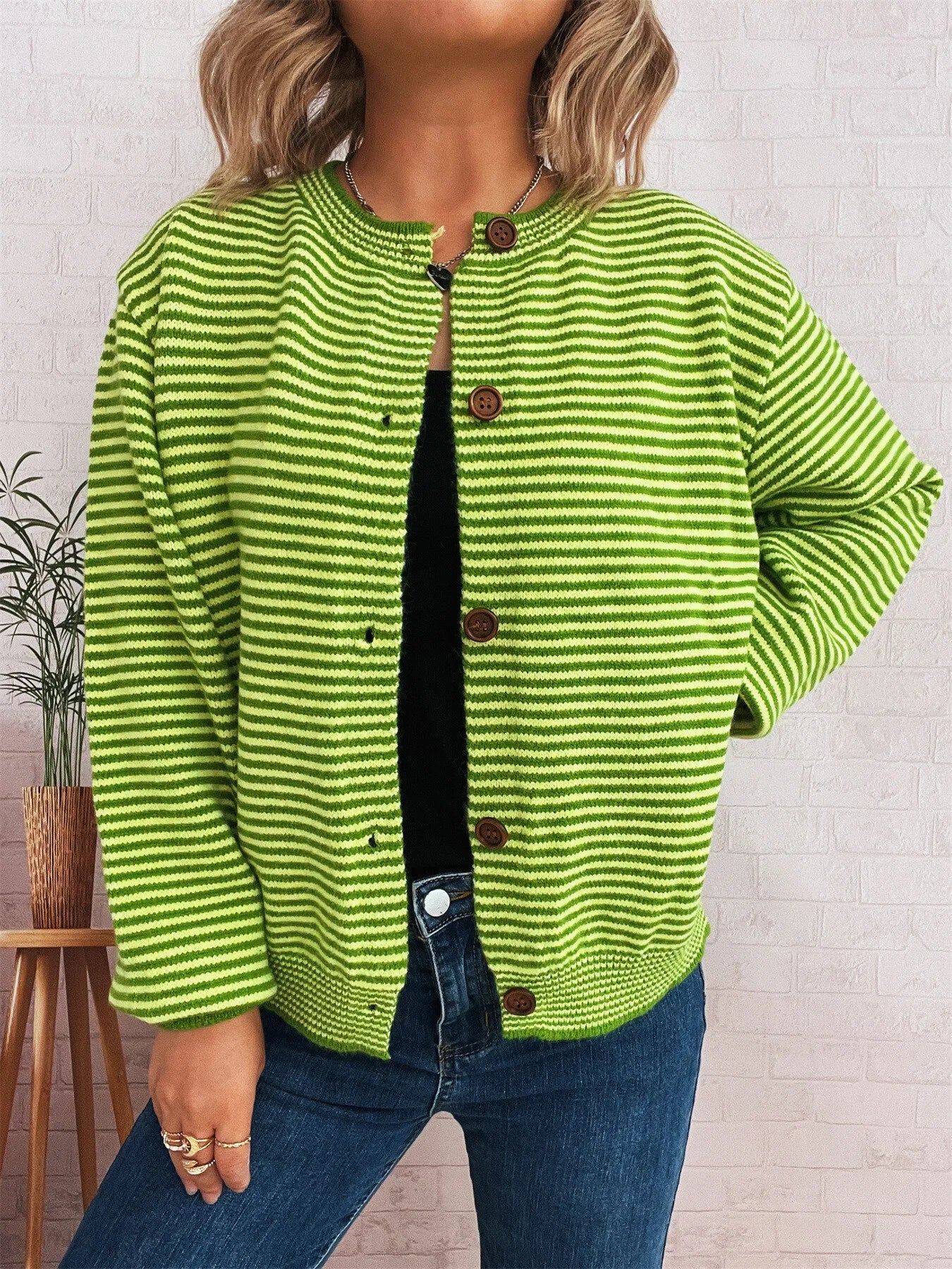 Striped Button Up Long Sleeve Cardigan Green One Size Easy Apparels