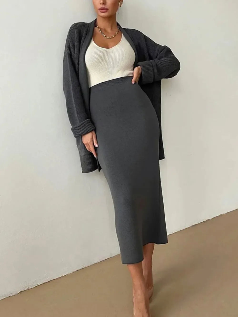 Pocketed Long Sleeve Cardigan and Skirt Sweater Set Easy Apparels