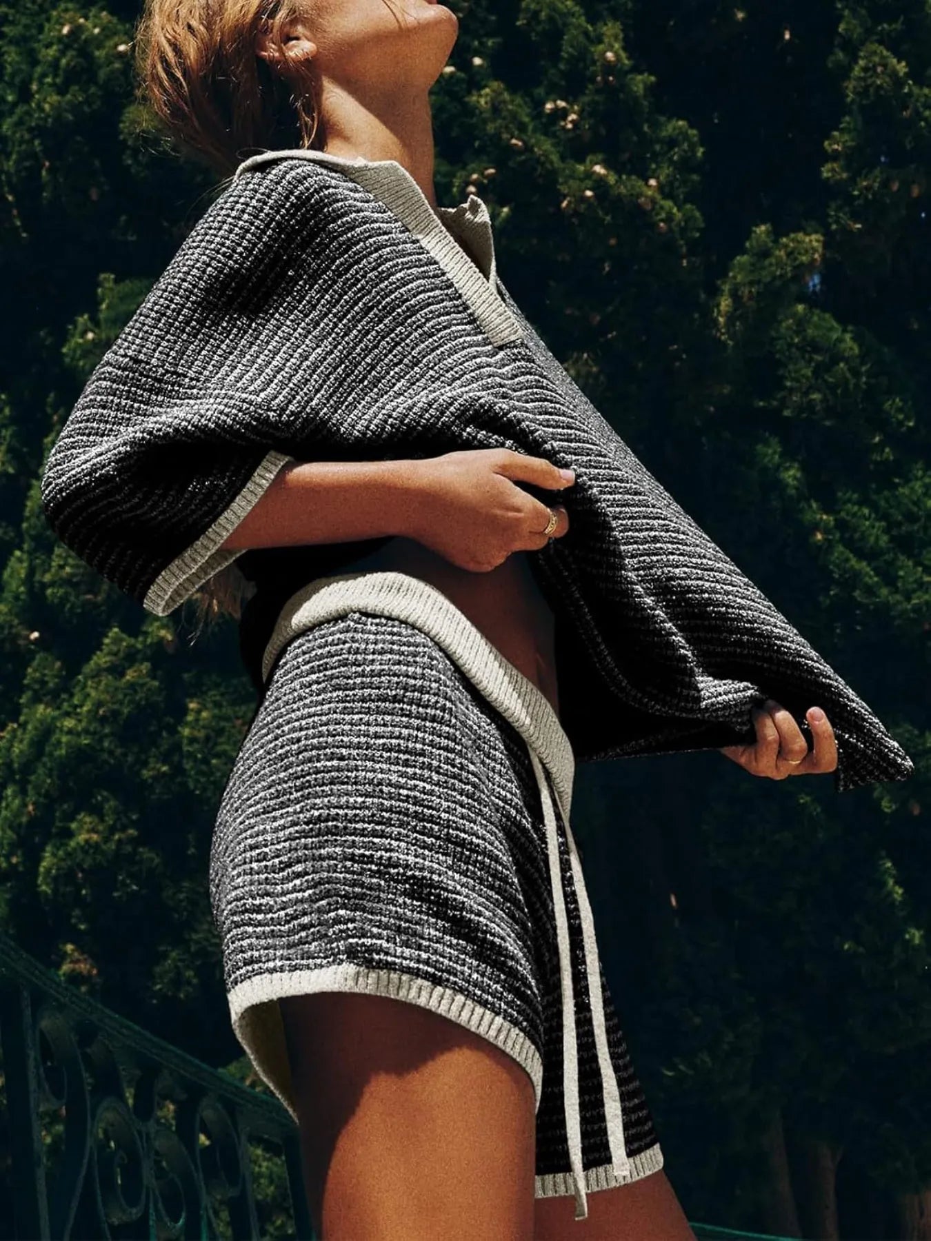Collared Neck Contrast Striped Top and Shorts Sweater Set Easy Apparels