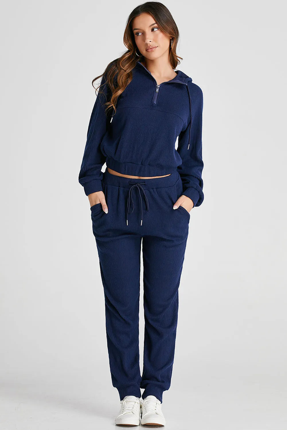 Drawstring Half Zip Hoodie and Joggers Active Set Easy Apparels