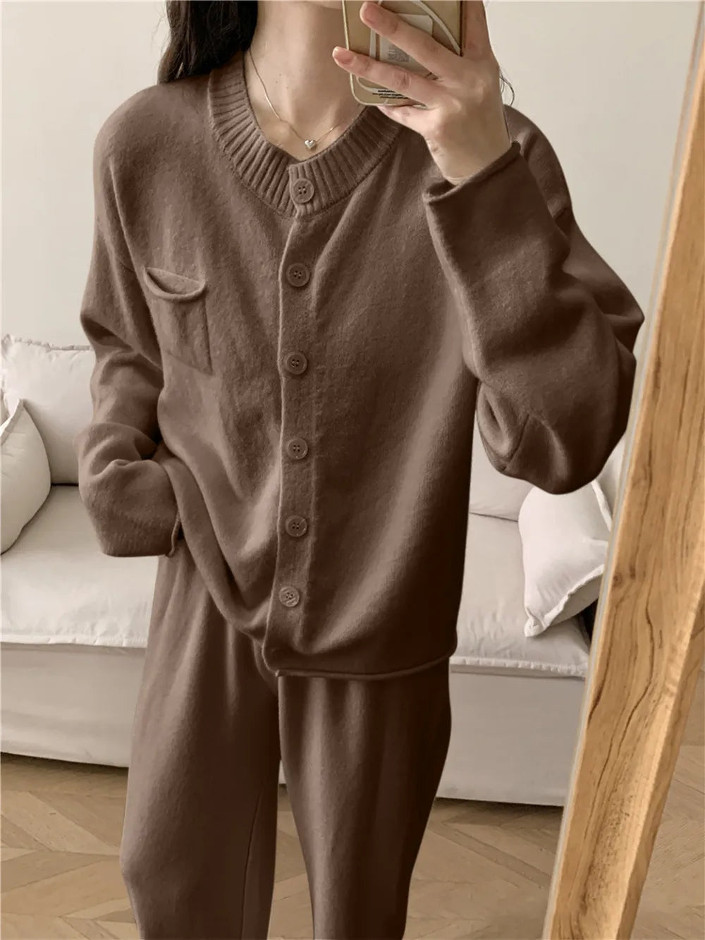 Pocketed Round Neck Button Up Cardigan and Pants Sweater Set Easy Apparels
