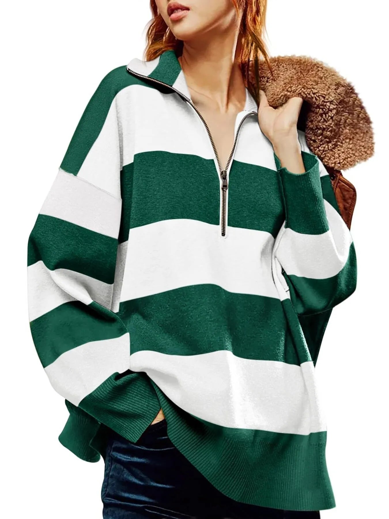 Trendsi Striped Half-Zip Oversized Sweatshirt Green