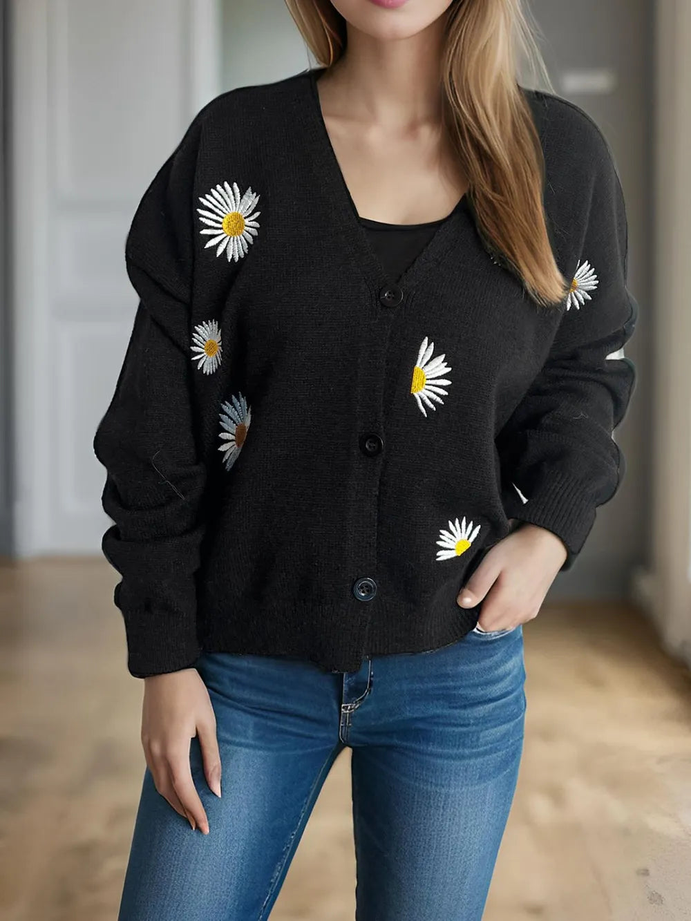 Daisy Button Up V-Neck Cardigan Black One Size Easy Apparels