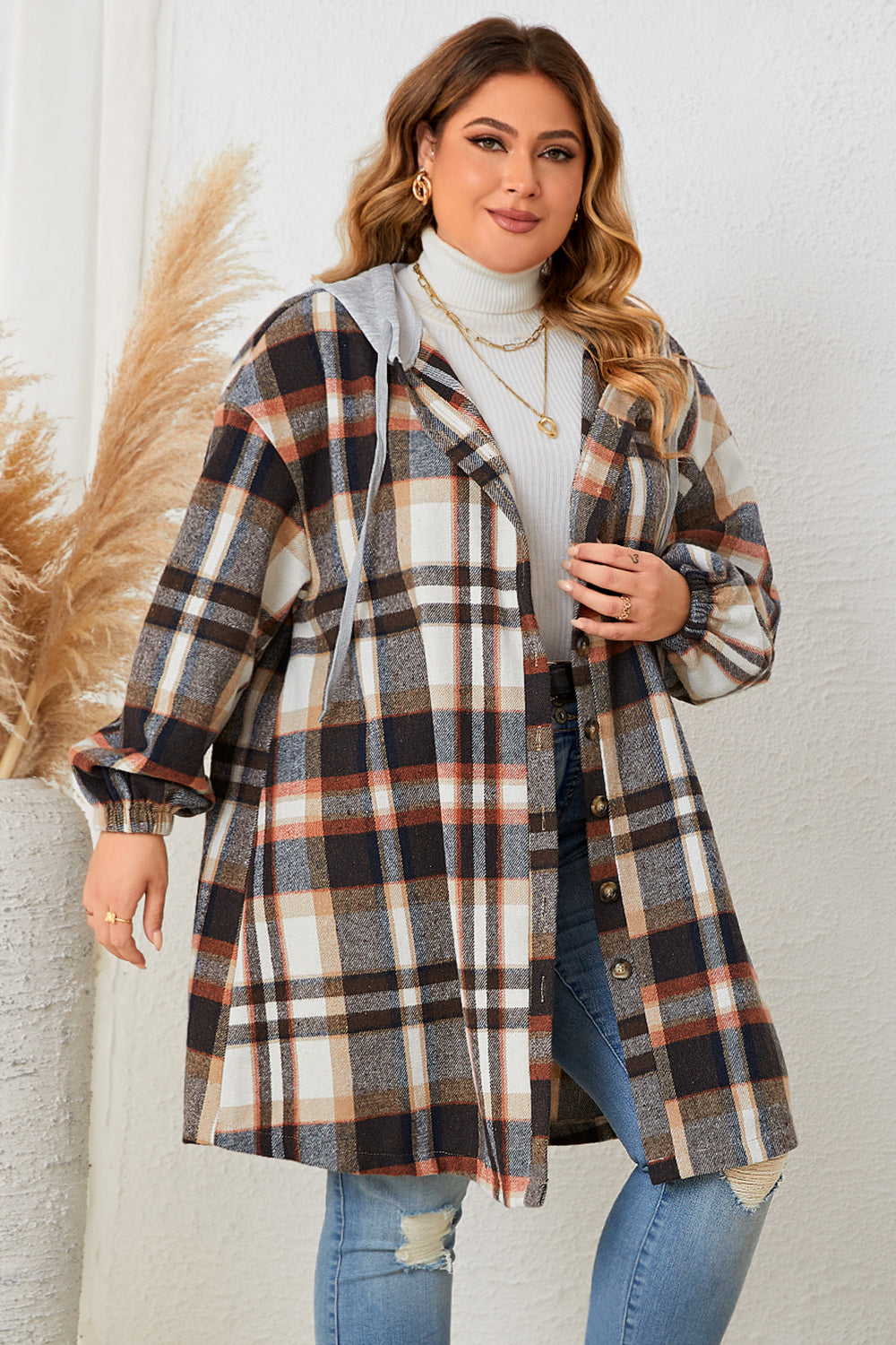 Honey Plus Size Plaid Drop Shoulder Hooded Coat Easy Apparels