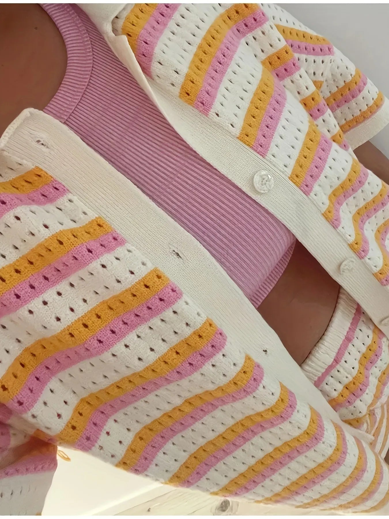 Colorful Striped Button Up Top and Shorts Sweater Set Easy Apparels