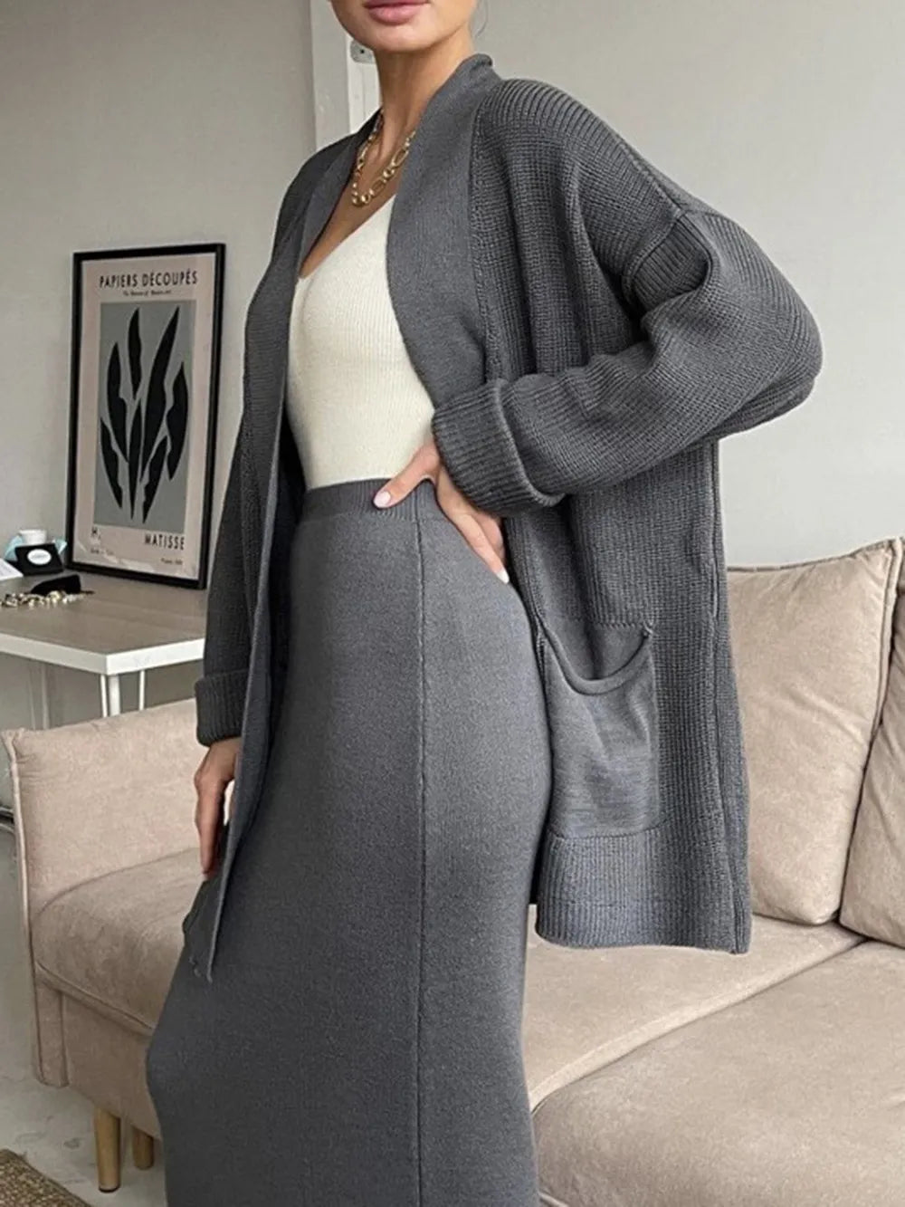 Pocketed Long Sleeve Cardigan and Skirt Sweater Set Easy Apparels
