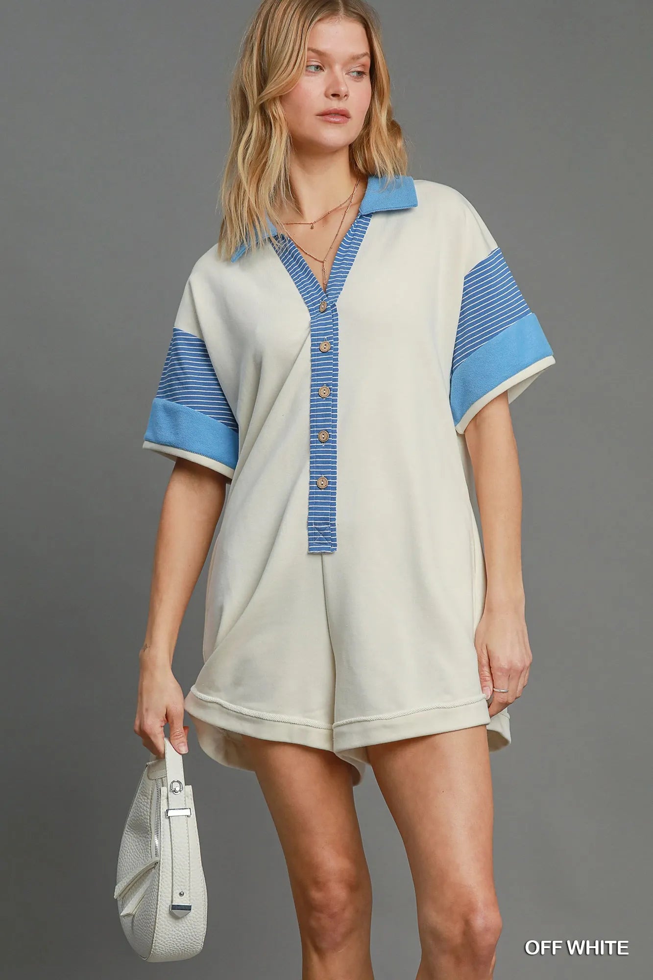 Umgee French Terry Collared Colorblock Romper OFF WHITE Easy Apparels