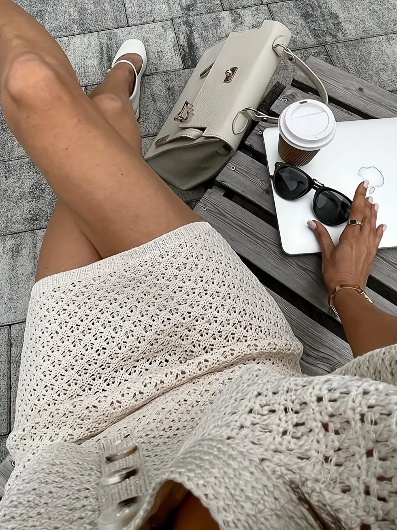 Openwork Button Up Top and Skirt Sweater Set Easy Apparels