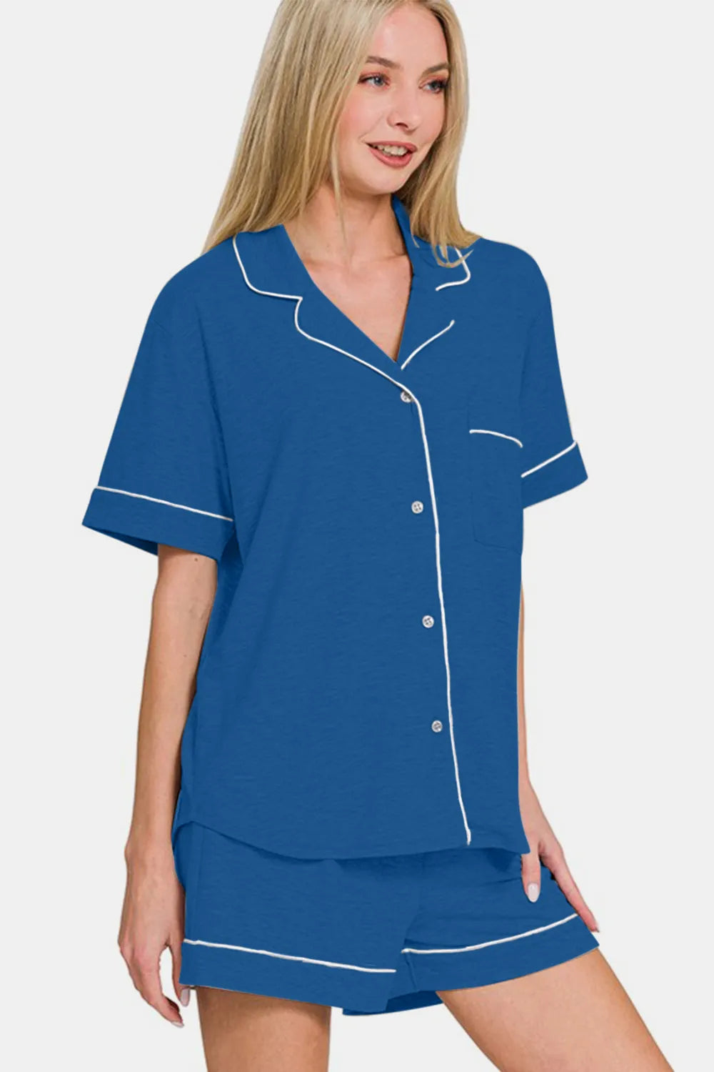 Zenana Button Down Short Sleeve Top and Shorts Lounge Set Easy Apparels