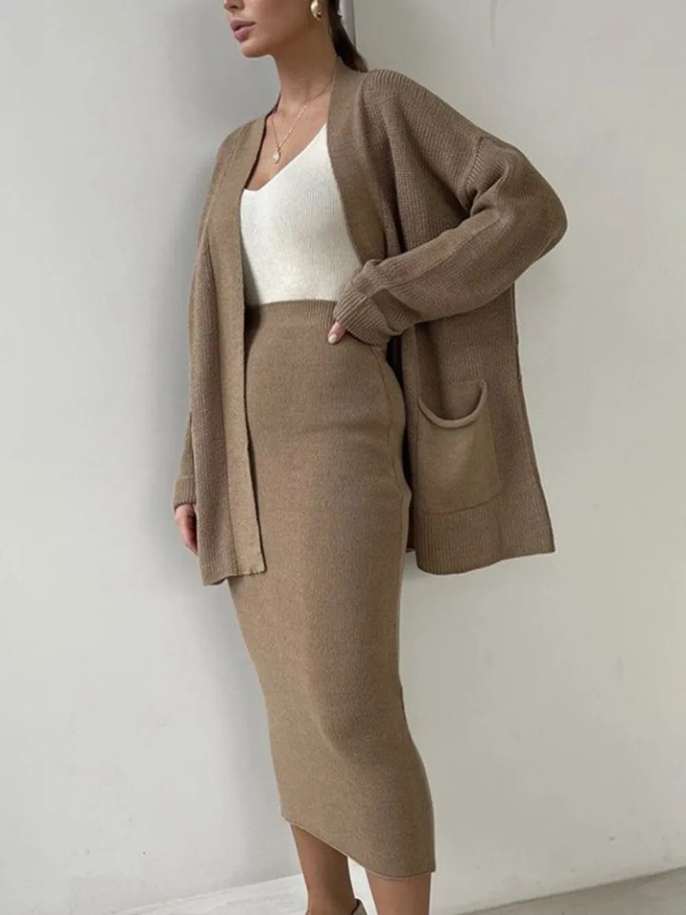 Pocketed Long Sleeve Cardigan and Skirt Sweater Set Easy Apparels
