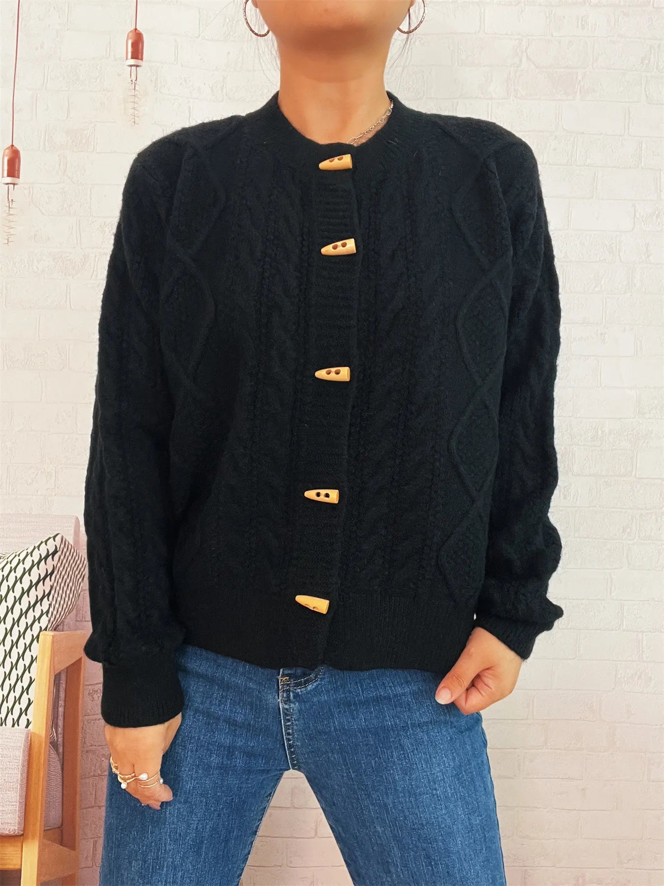 Cable Knit Button-Up Cardigan Easy Apparels