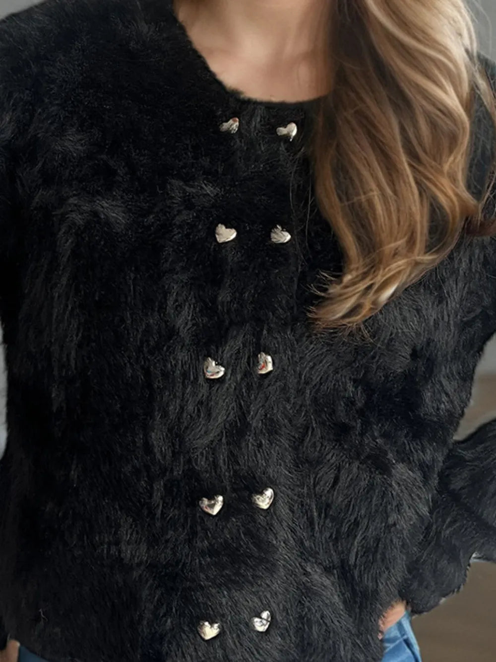 Heart Button Round Neck Cardigan Easy Apparels