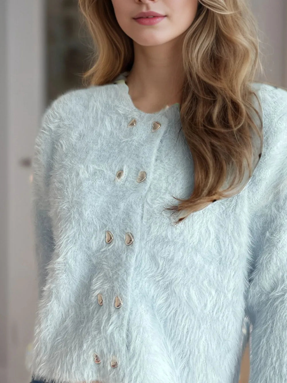 Heart Button Round Neck Cardigan Easy Apparels